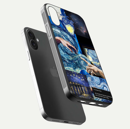 Aesthetic Vando Hands Glass Case for iPhone 16 floating dual-view mockup showing slim edge profile and high-definition gloss