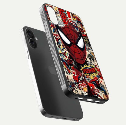 Aesthetic Wonder Spider Glass Case for iPhone 16 floating mockup emphasizing superhero art and glossy reflection