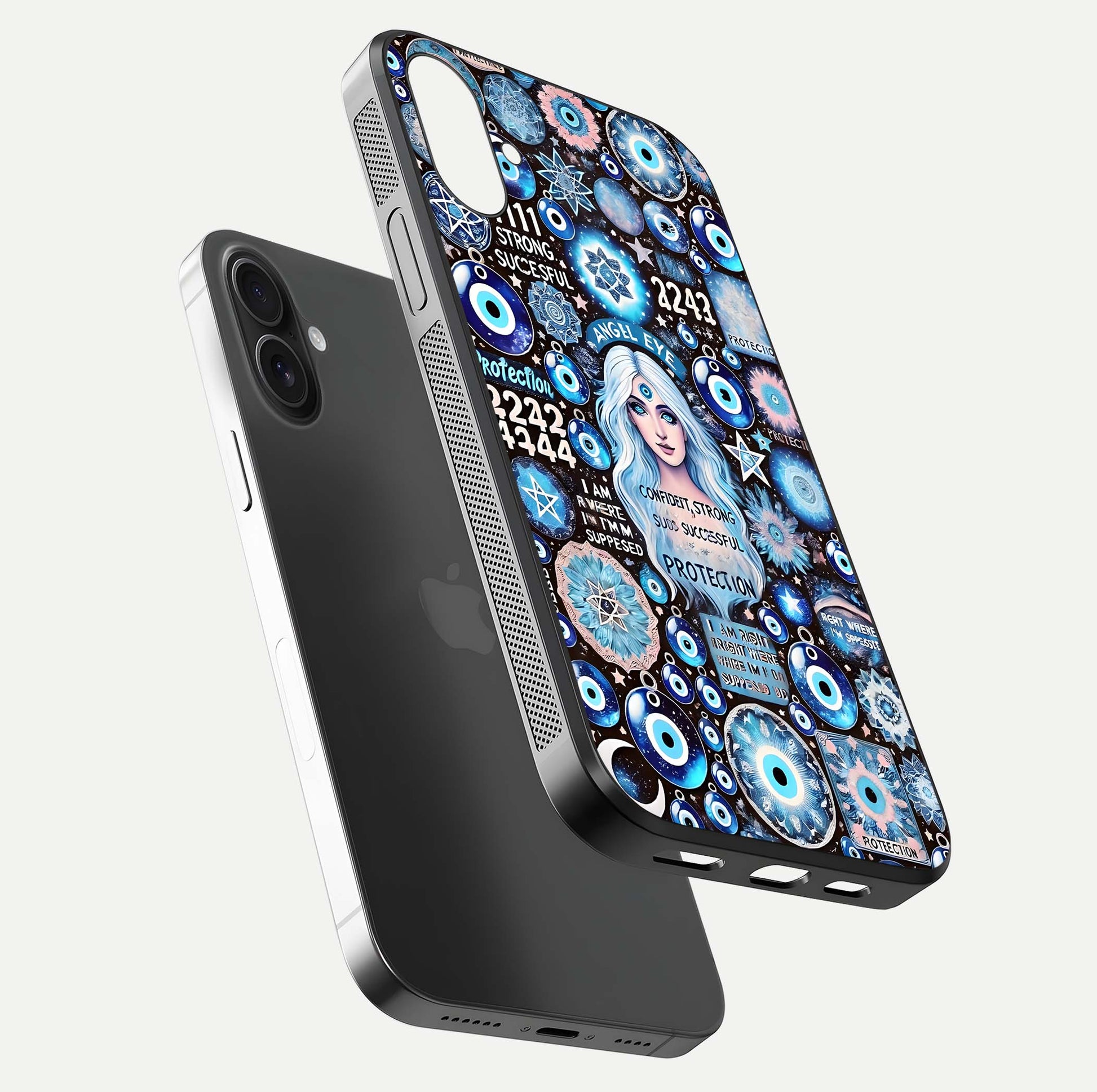 Angel Aura Shield Glass Case for iPhone 16 floating angle showing light reflection and protective edge structure