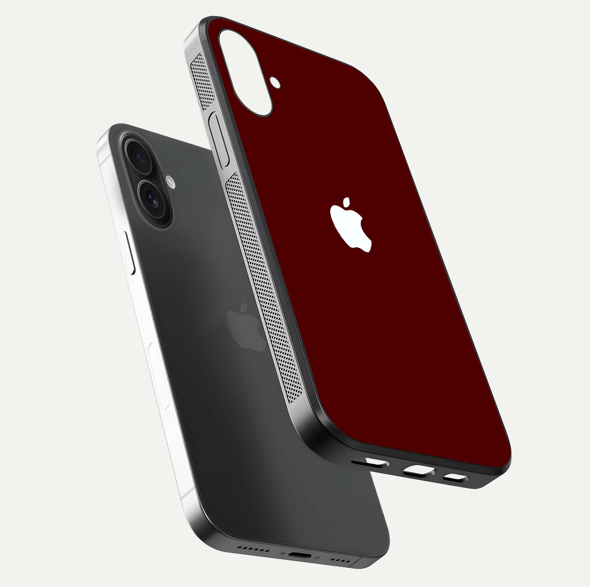 Apple Crimson Core Glass Case for iPhone 16 floating mockup with red-gloss effect and metallic Apple design