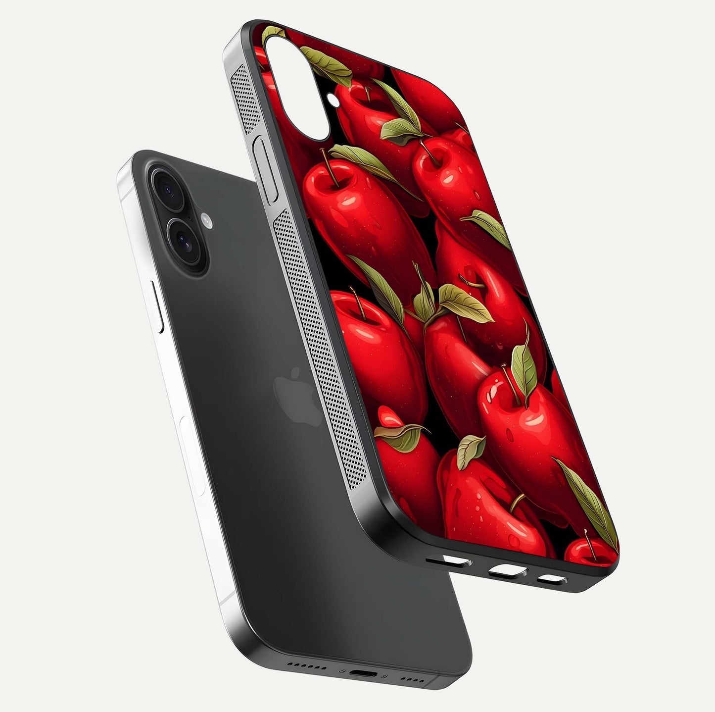 Apple Pattern Glass Case for iPhone 16 floating mockup with smooth edge detailing and pattern clarity