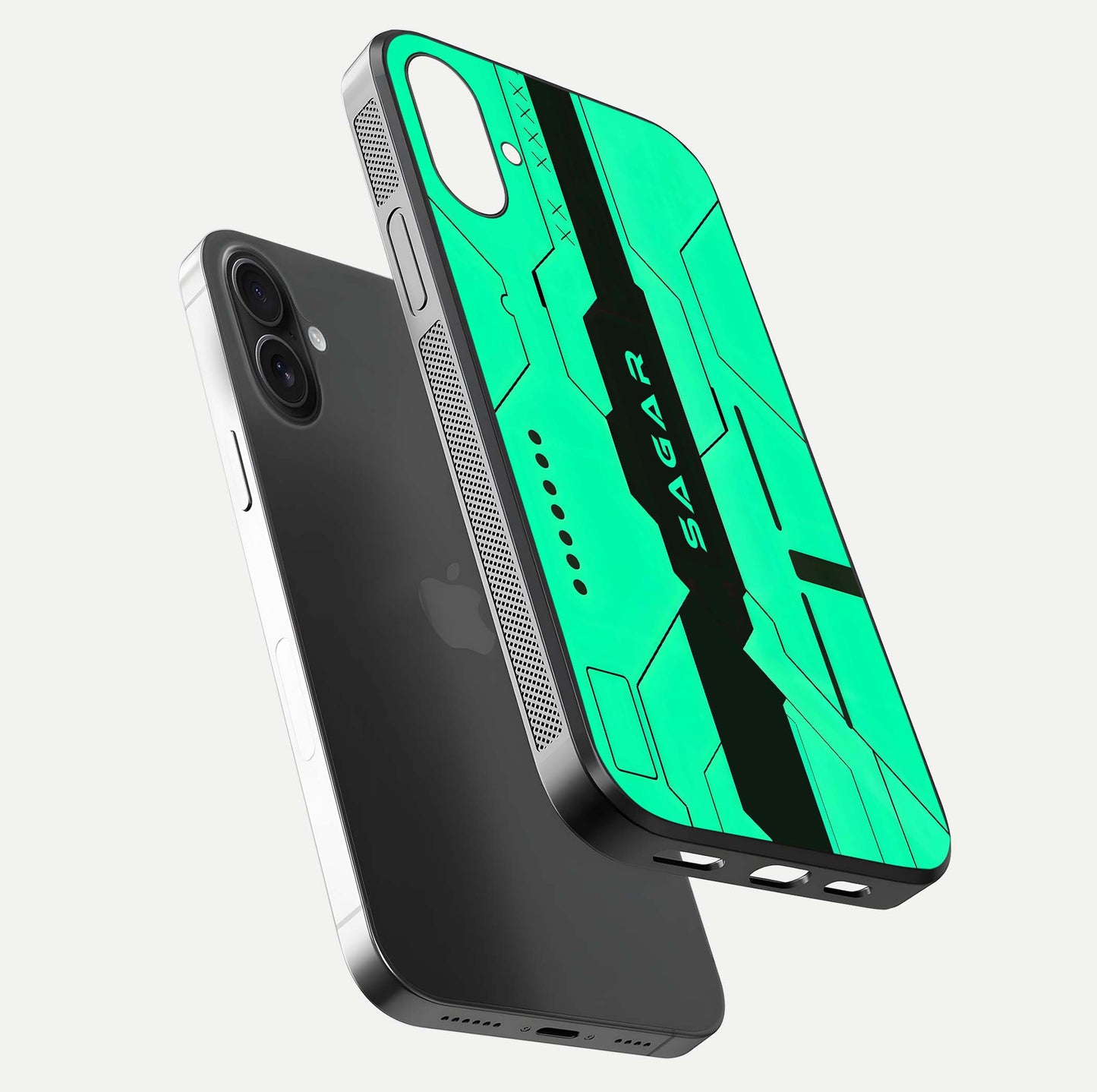 Aqua Tech CYBERPUNK Custom Name Glass Case for iPhone 16 floating mockup highlighting name customization area