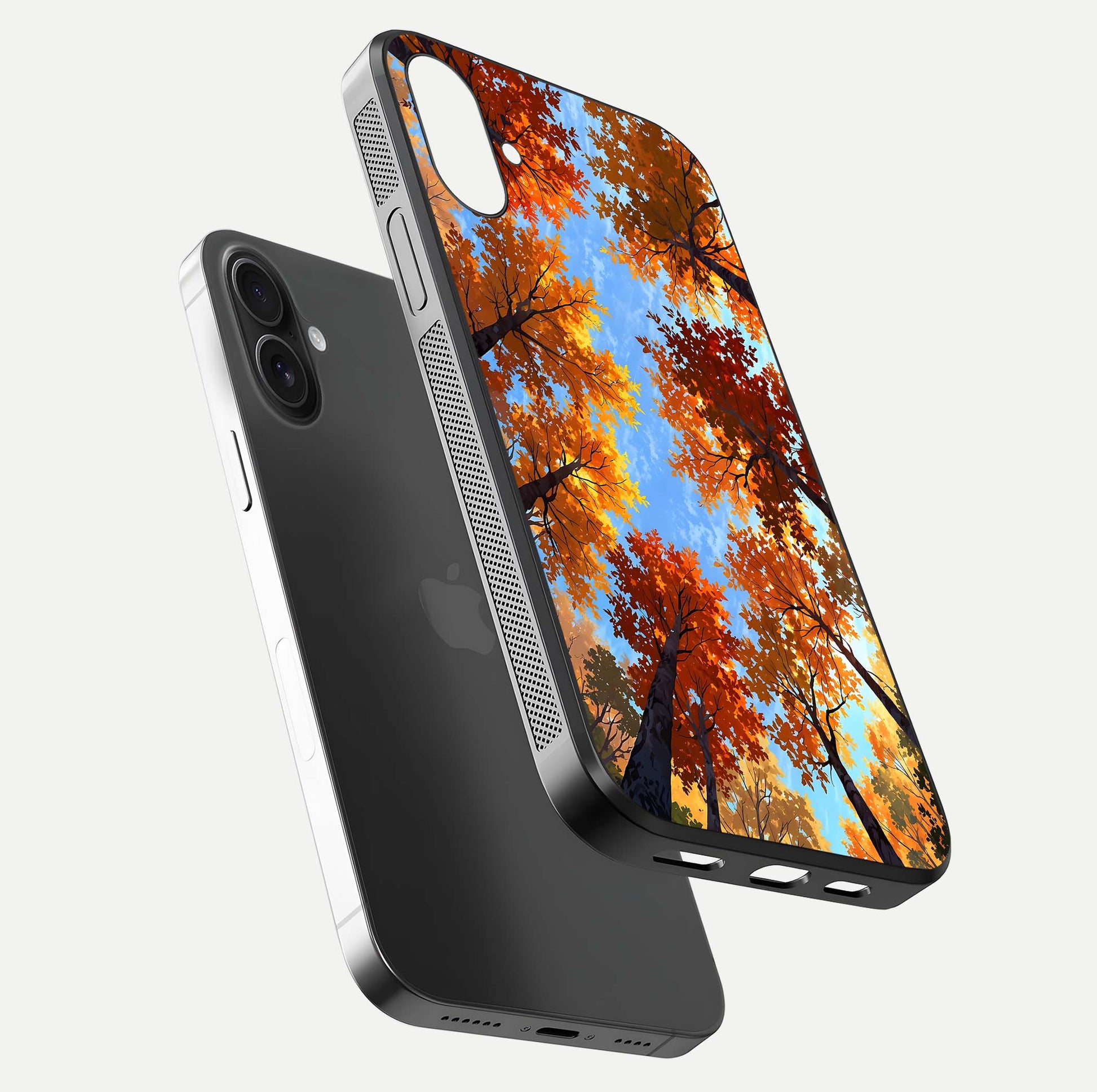 Autumn Sky Rise Glass Case for iPhone 16 floating dual-view mockup with sky horizon and glossy highlights