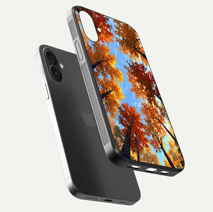 Autumn Sky Rise Glass Case for iPhone 16 floating dual-view mockup with sky horizon and glossy highlights