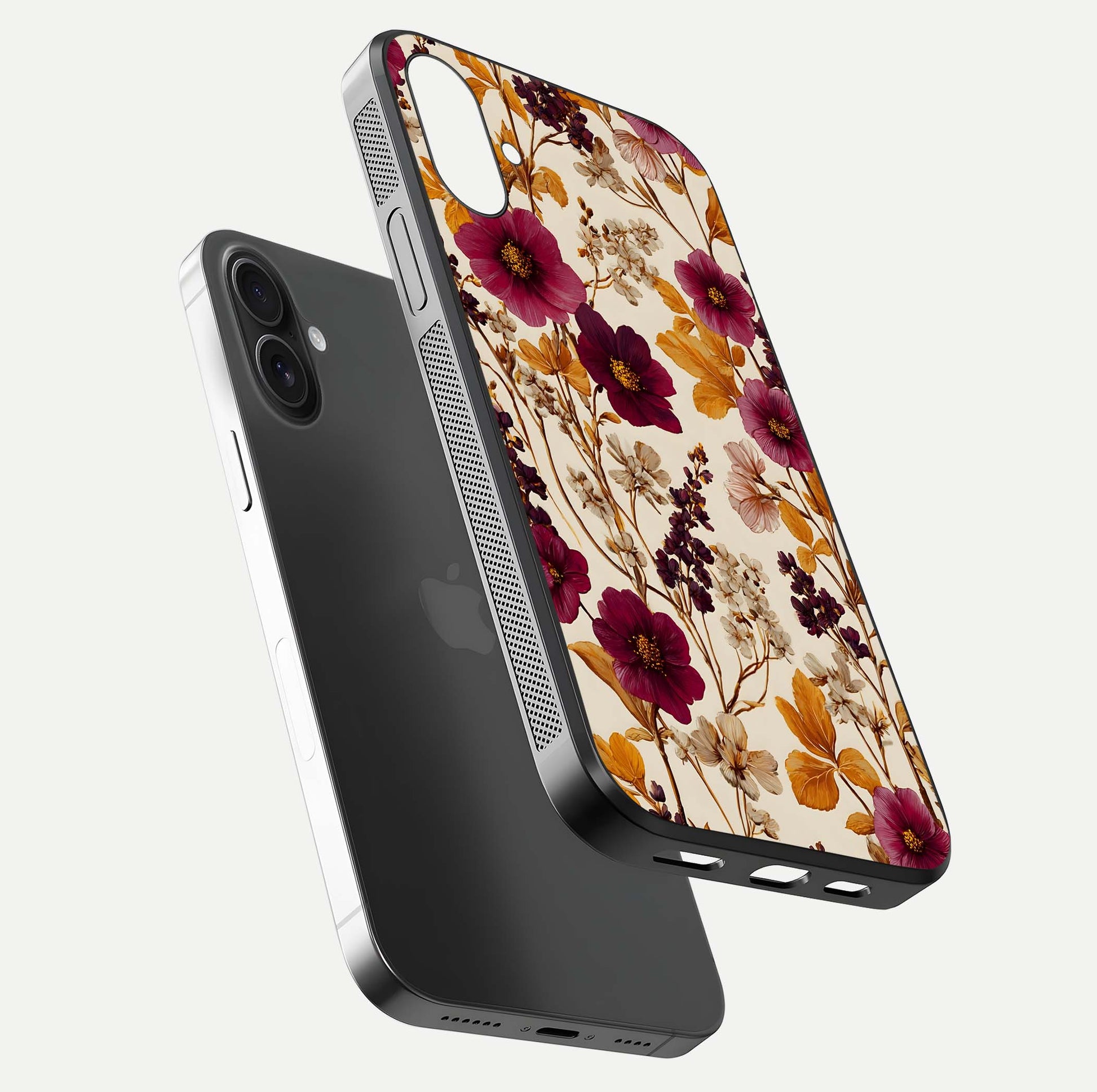 Autumn Wine Bloom Glass Case for iPhone 16 floating mockup with premium floral gradient and protection edge