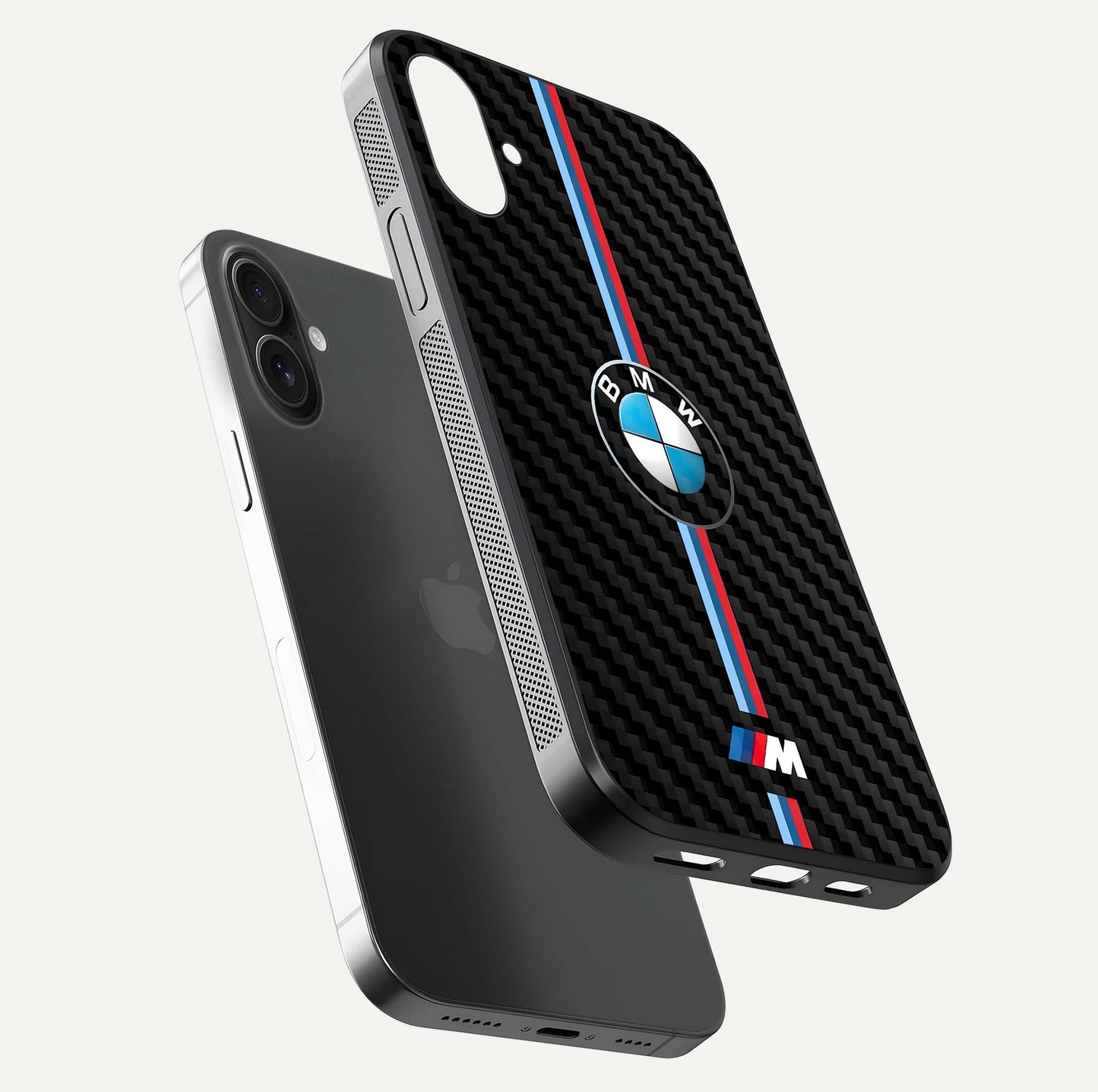 BMW Pattern Glass Case for iPhone 16 floating mockup highlighting clean lines and metallic accent reflection