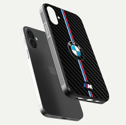 BMW Pattern Glass Case for iPhone 16 floating mockup highlighting clean lines and metallic accent reflection