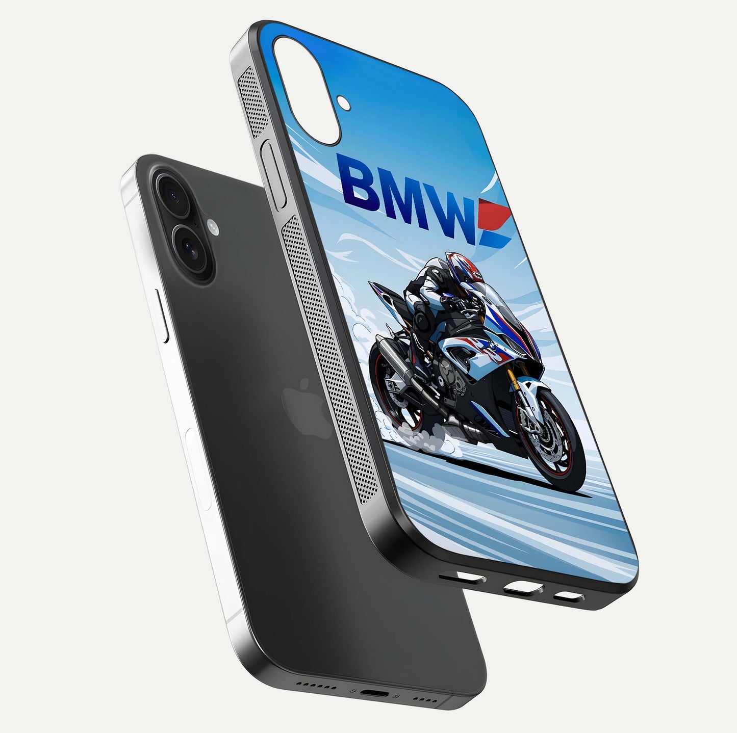 BMW Power Drift Glass Case for iPhone 16 floating mockup displaying bold drift artwork and glossy polish