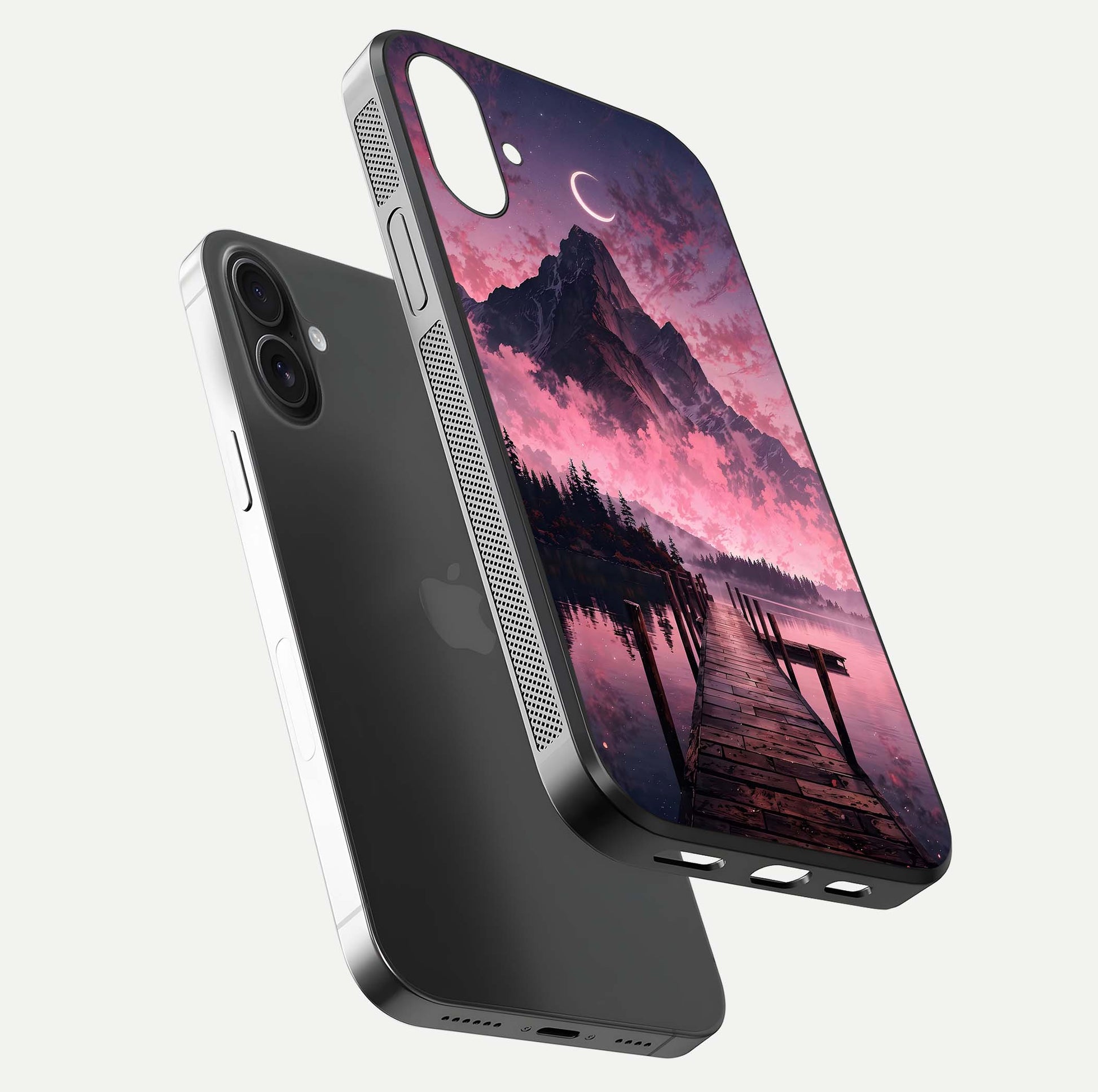 Beautyful Mountain View Glass Case for iPhone 16 floating dual mockup showing edges and reflective sky print
