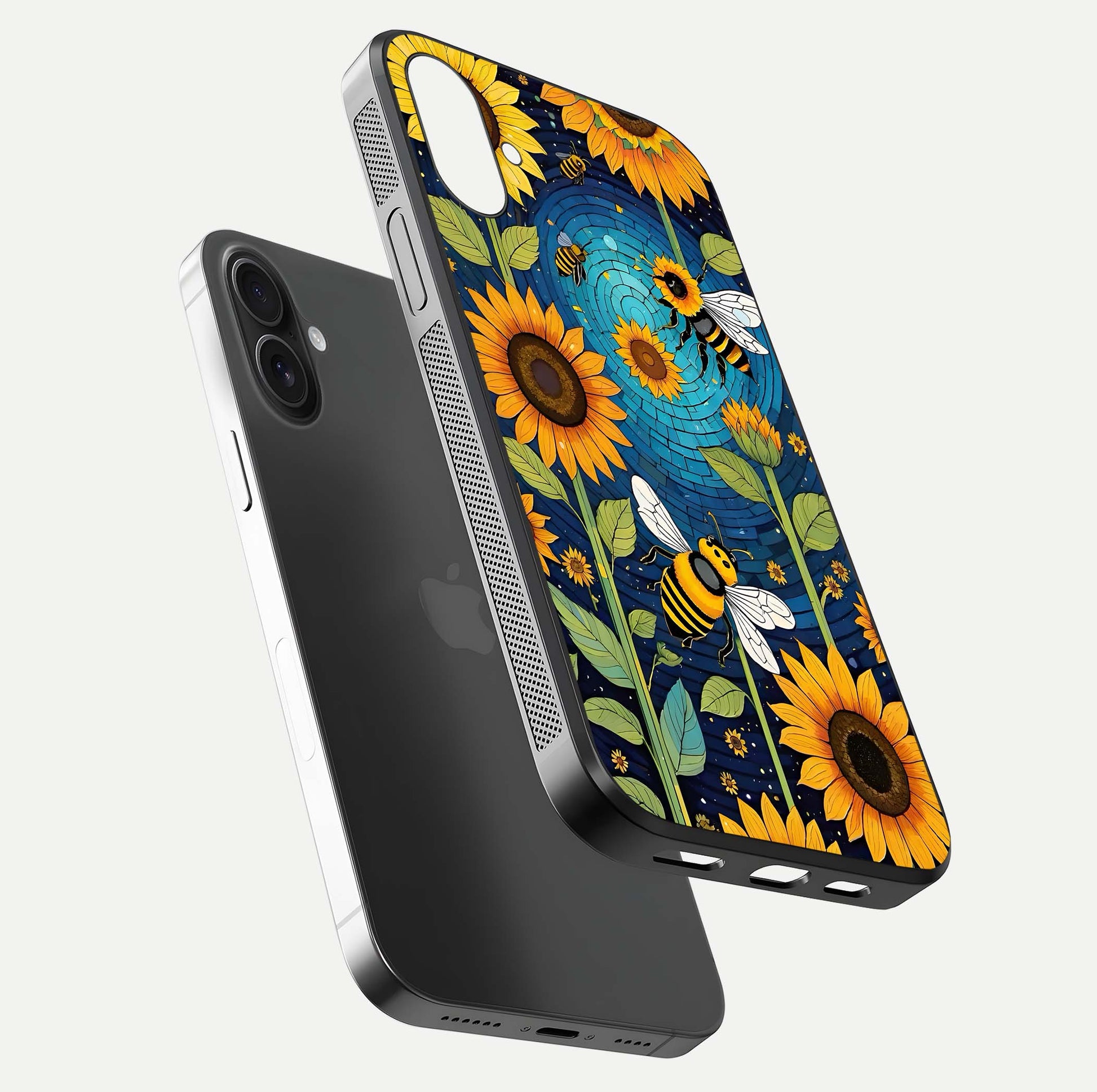 Bees & Sunflowers Glass Case for iPhone 16 floating dual-view mockup displaying vibrant yellow tones and gloss texture