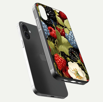 Berry Bloom Charm Glass Case for iPhone 16 floating mockup capturing glossy reflection and curved-edge finish