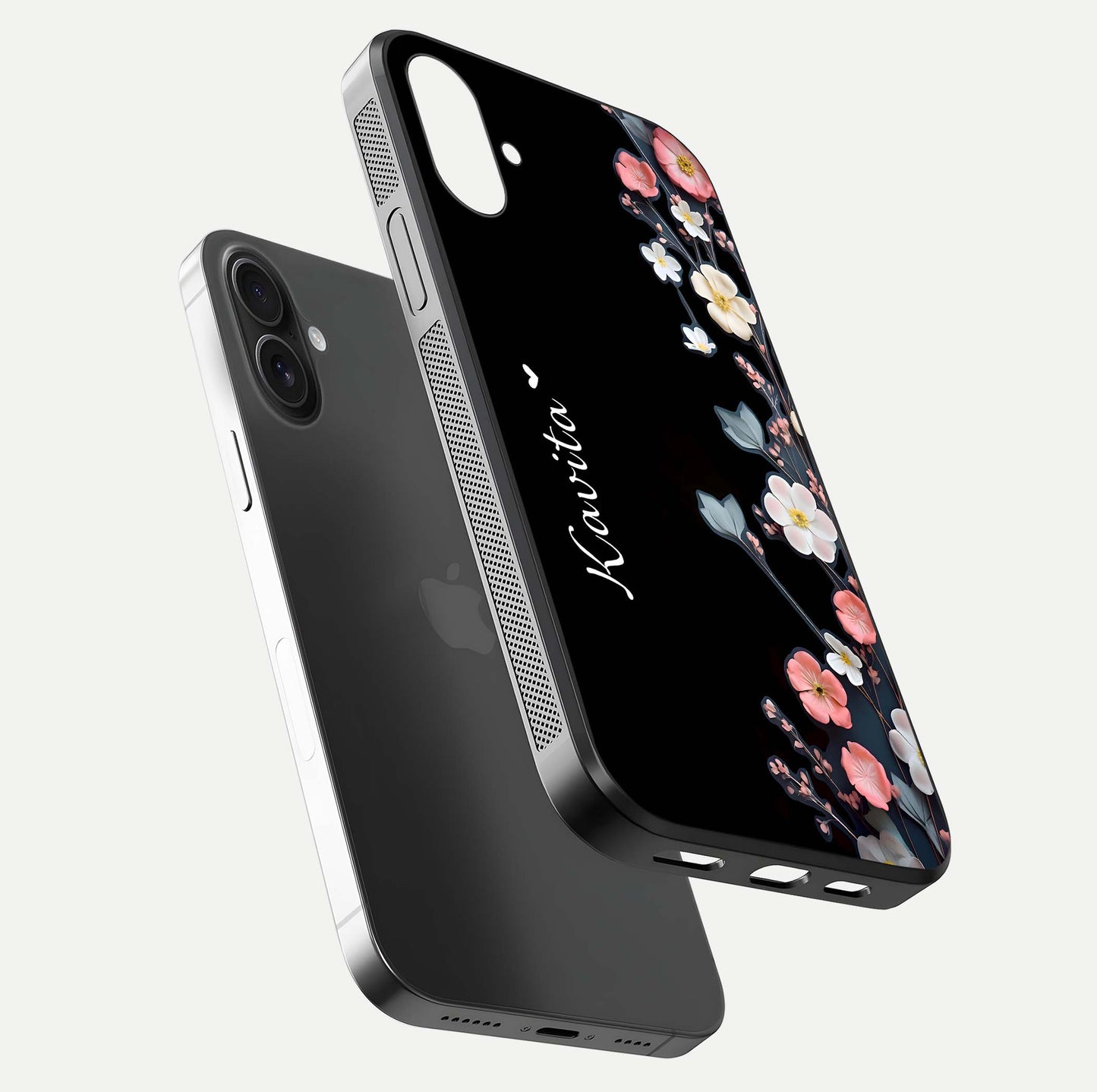 Black Elegance Floral Custom Name Glass Case for iPhone 16 floating mockup emphasizing premium shine and floral art