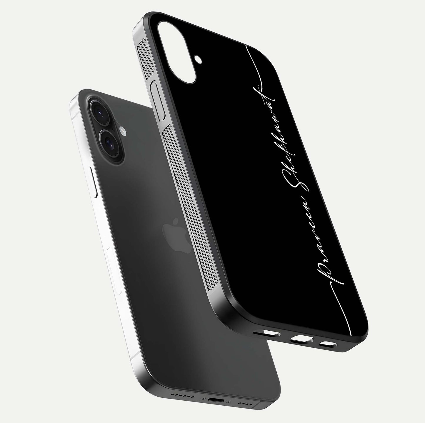 Black Tune Custom Name Glass Case for iPhone 16 floating dual-view mockup emphasizing modern glossy texture