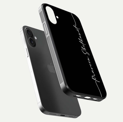 Black Tune Custom Name Glass Case for iPhone 16 floating dual-view mockup emphasizing modern glossy texture