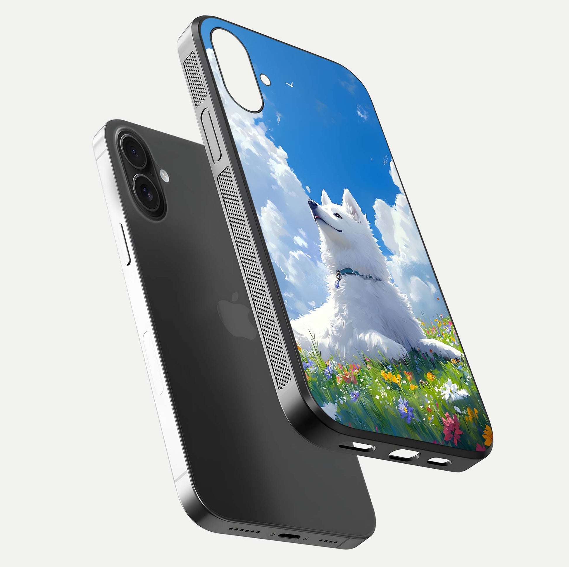 Blissful Cloud Pup Glass Case for iPhone 16 floating mockup capturing playful aesthetic and gloss finish