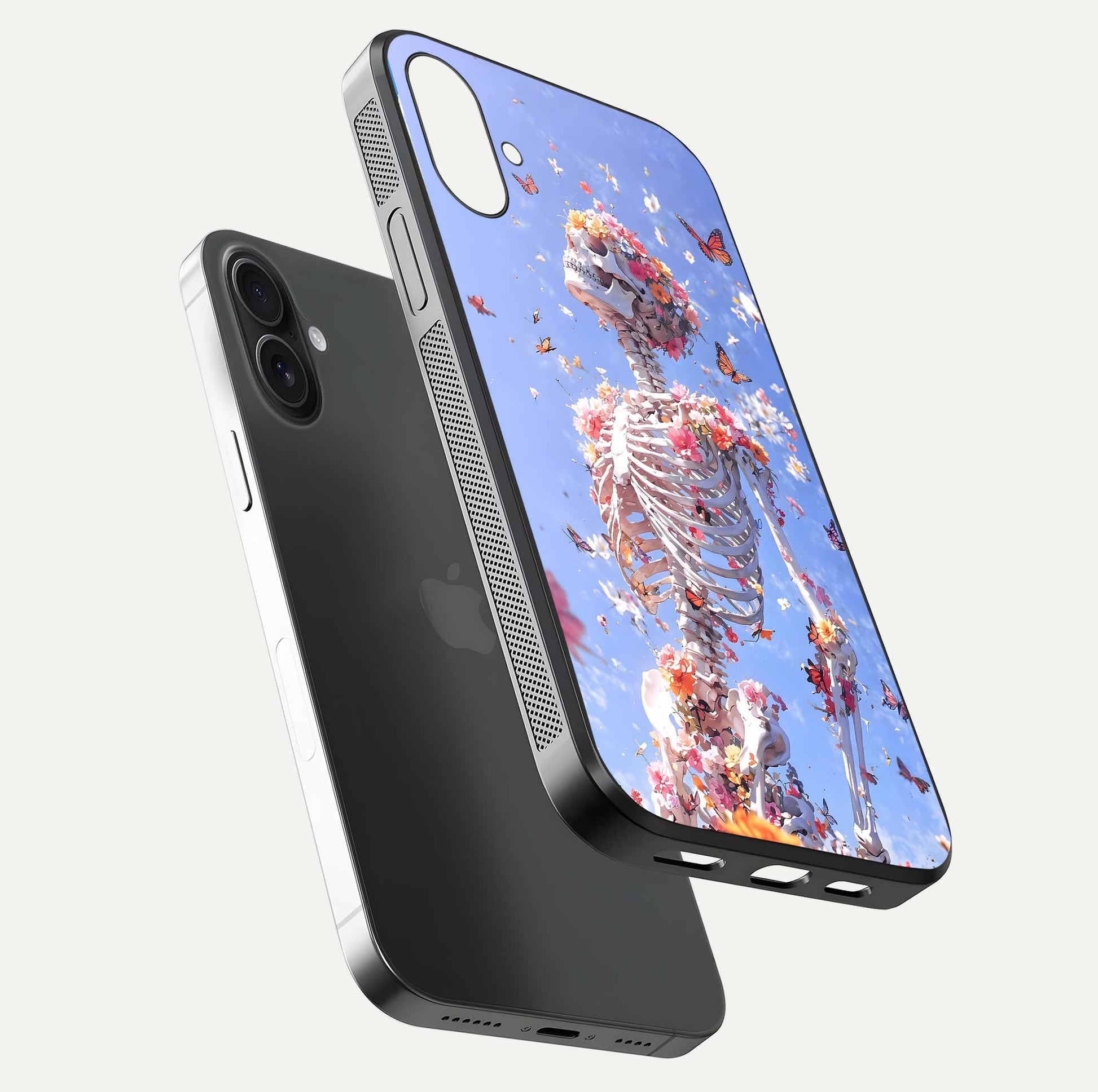 Bloom Beyond Bones Glass Case for iPhone 16 floating mockup displaying shine, texture, and gloss detail