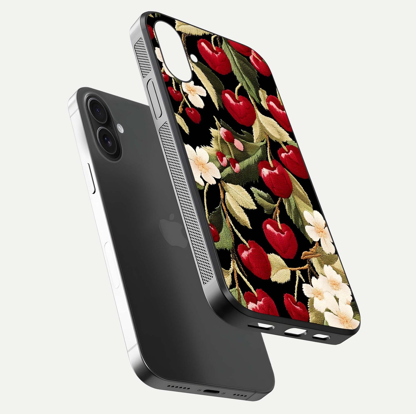 Bloom Thread Art Glass Case for iPhone 16 floating mockup showing premium reflection and stitched art vibe