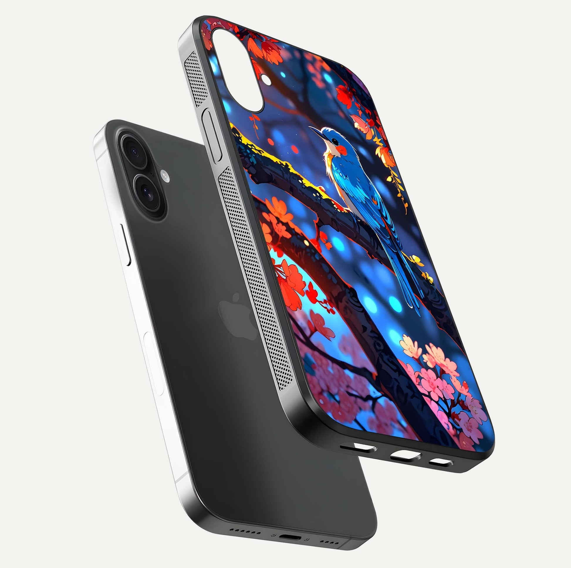 Blooming Spendor Bird Glass Case for iPhone 16 floating dual-mockup capturing gloss tone and curved texture