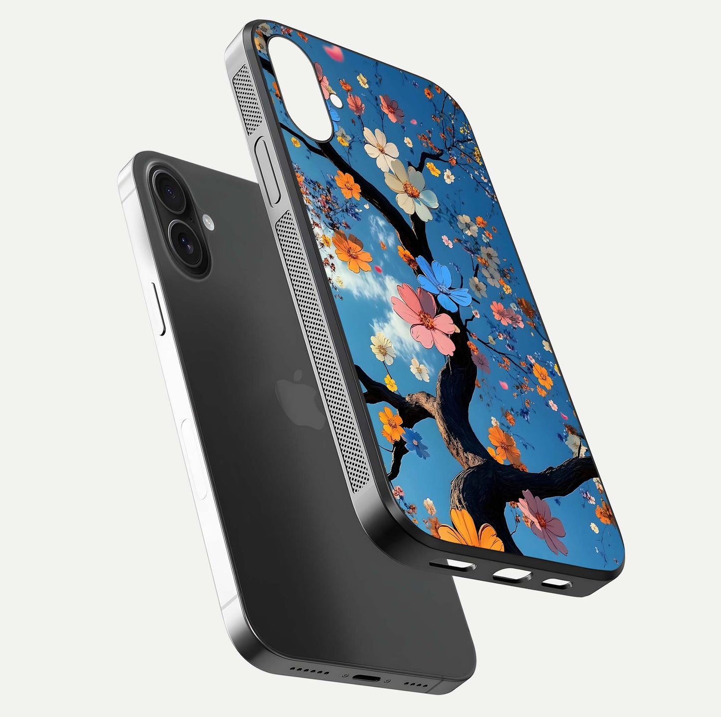 Blossom Dream Sky Glass Case for iPhone 16 floating dual-mockup displaying smooth finish and elegant sky tones