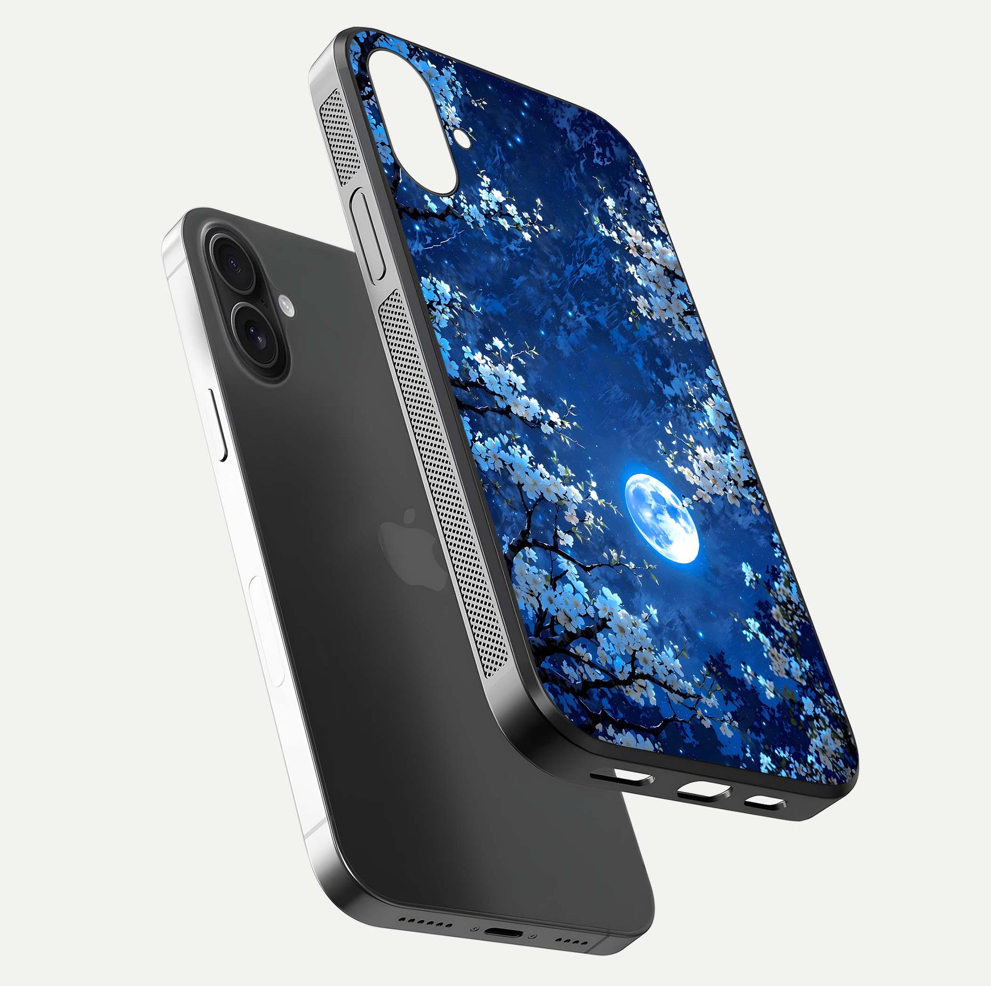 Blossom Moonlight Sky Glass Case for iPhone 16 floating mockup showing glowing moon accent and HD gloss texture