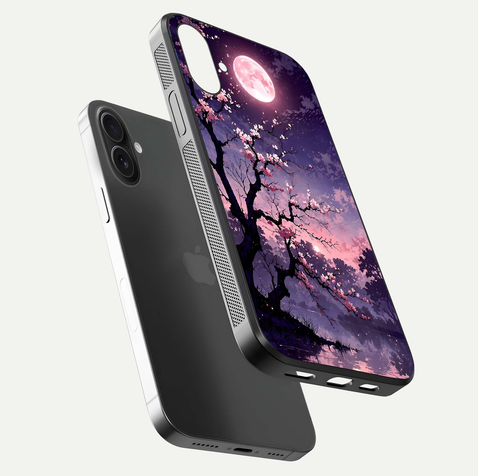 Blossom Pink Moon Glass Case for iPhone 16 floating mockup emphasizing dreamy pink moon aura and smooth finish