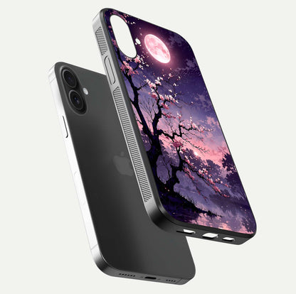 Blossom Pink Moon Glass Case for iPhone 16 floating mockup emphasizing dreamy pink moon aura and smooth finish