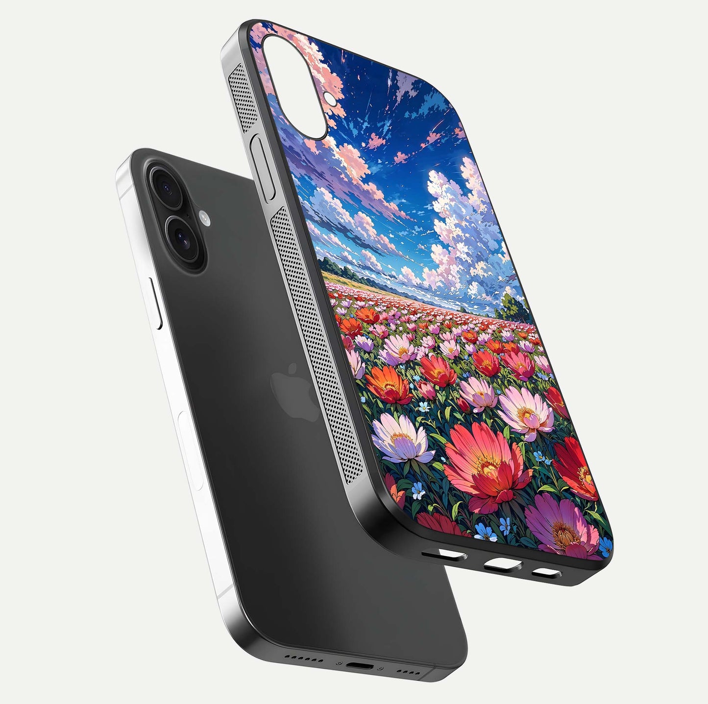 Blossom Sky Field Glass Case for iPhone 16 floating mockup displaying sky bloom concept with smooth finish