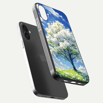 Blossom Sky Serenity Glass Case for iPhone 16 floating mockup capturing gloss surface and tranquil design