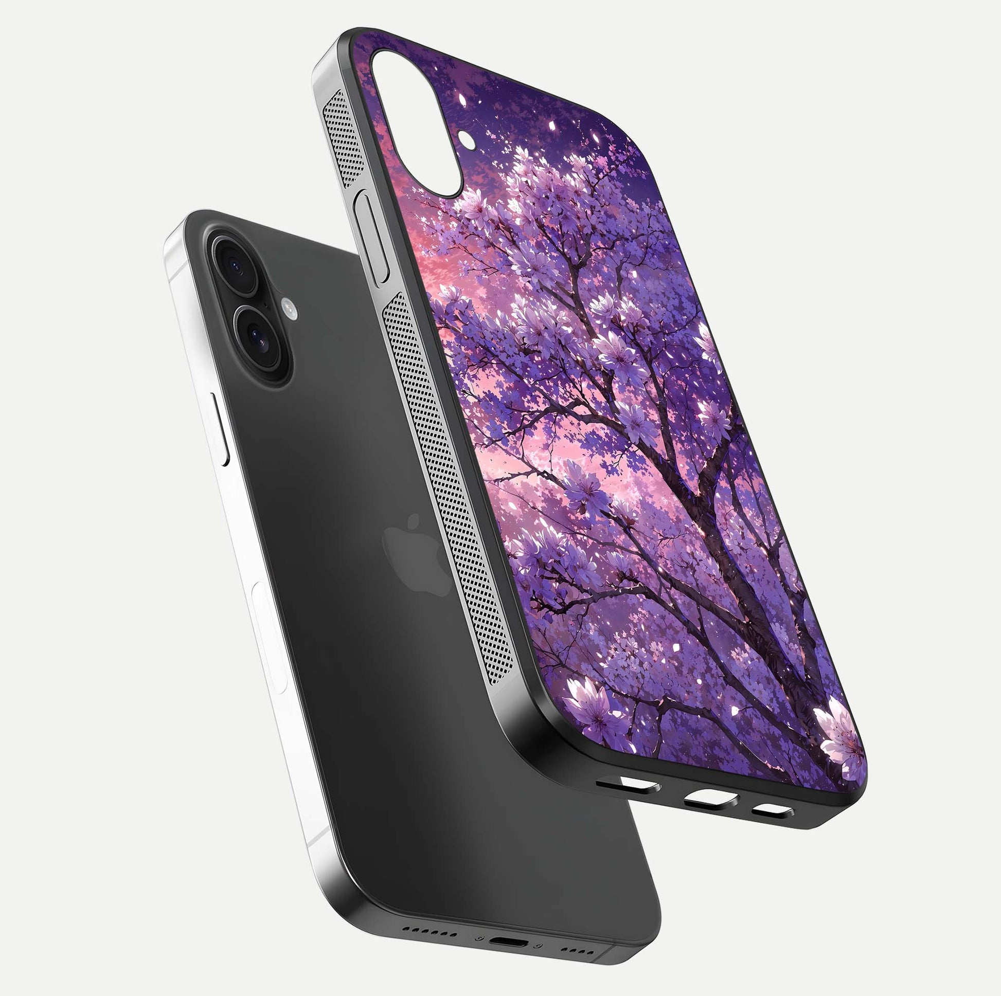 Blossom Tree Glass Case for iPhone 16 floating dual-mockup displaying texture detail and curved edges
