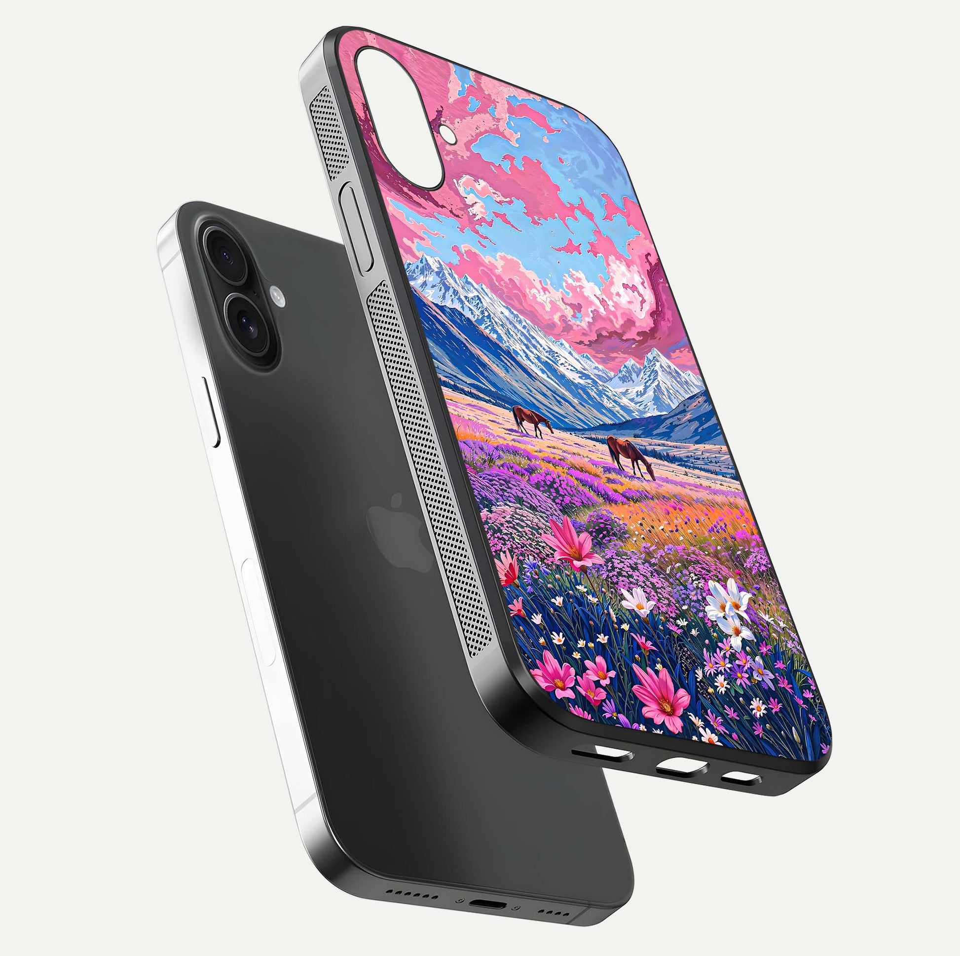 Blossom Valley Dream Glass Case for iPhone 16 floating mockup showing floral valley blend and reflective surface