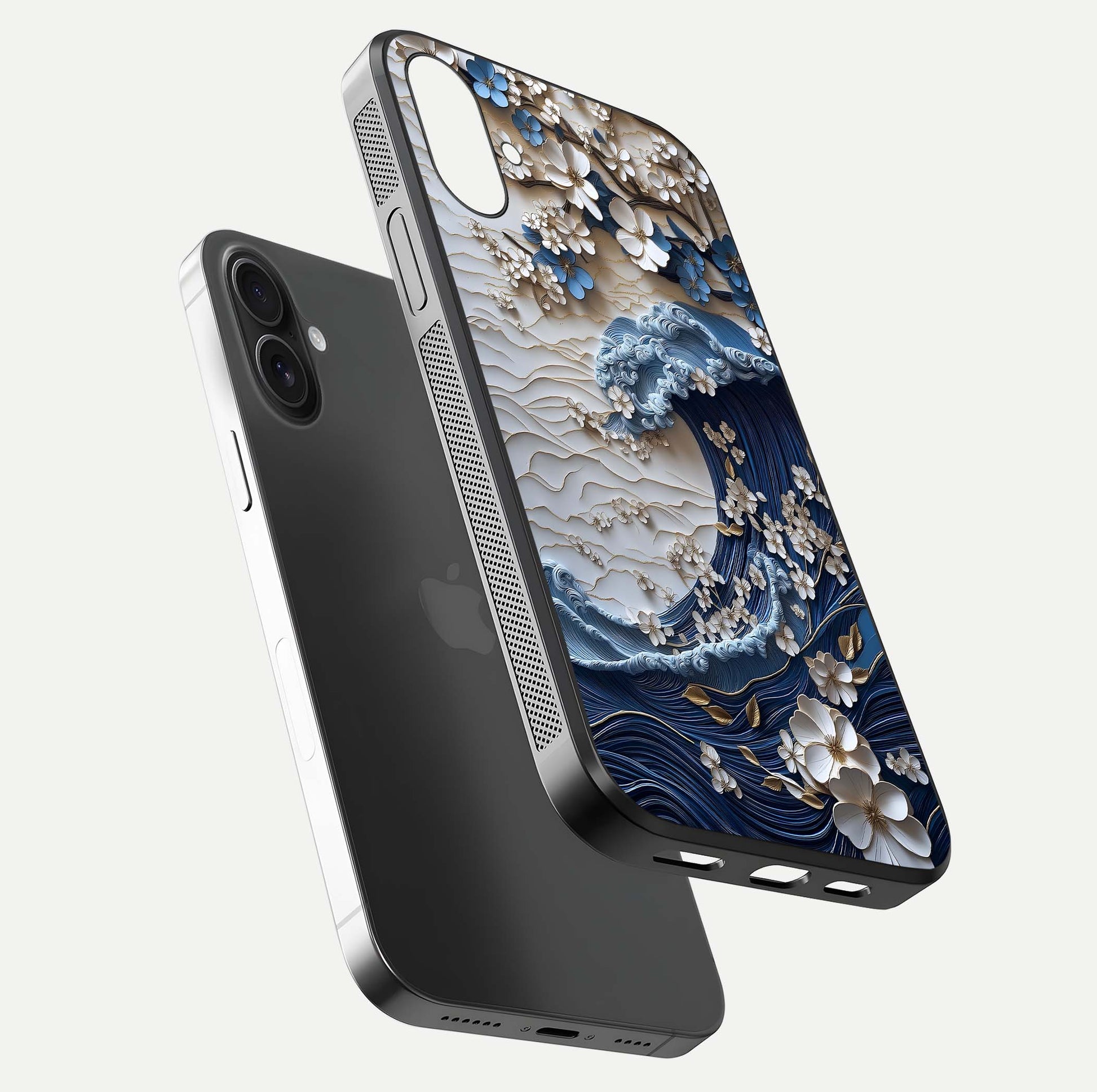 Blossom Wave Art Glass Case for iPhone 16 floating mockup displaying pattern details and reflective shine