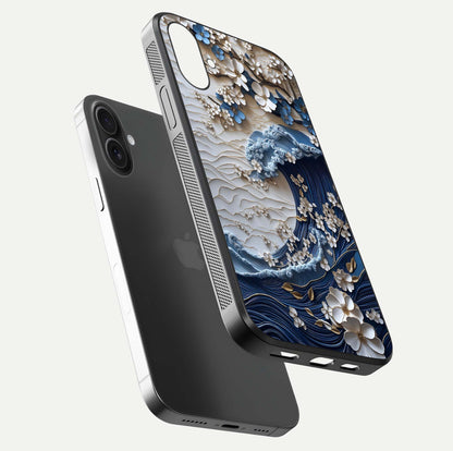Blossom Wave Art Glass Case for iPhone 16 floating mockup displaying pattern details and reflective shine