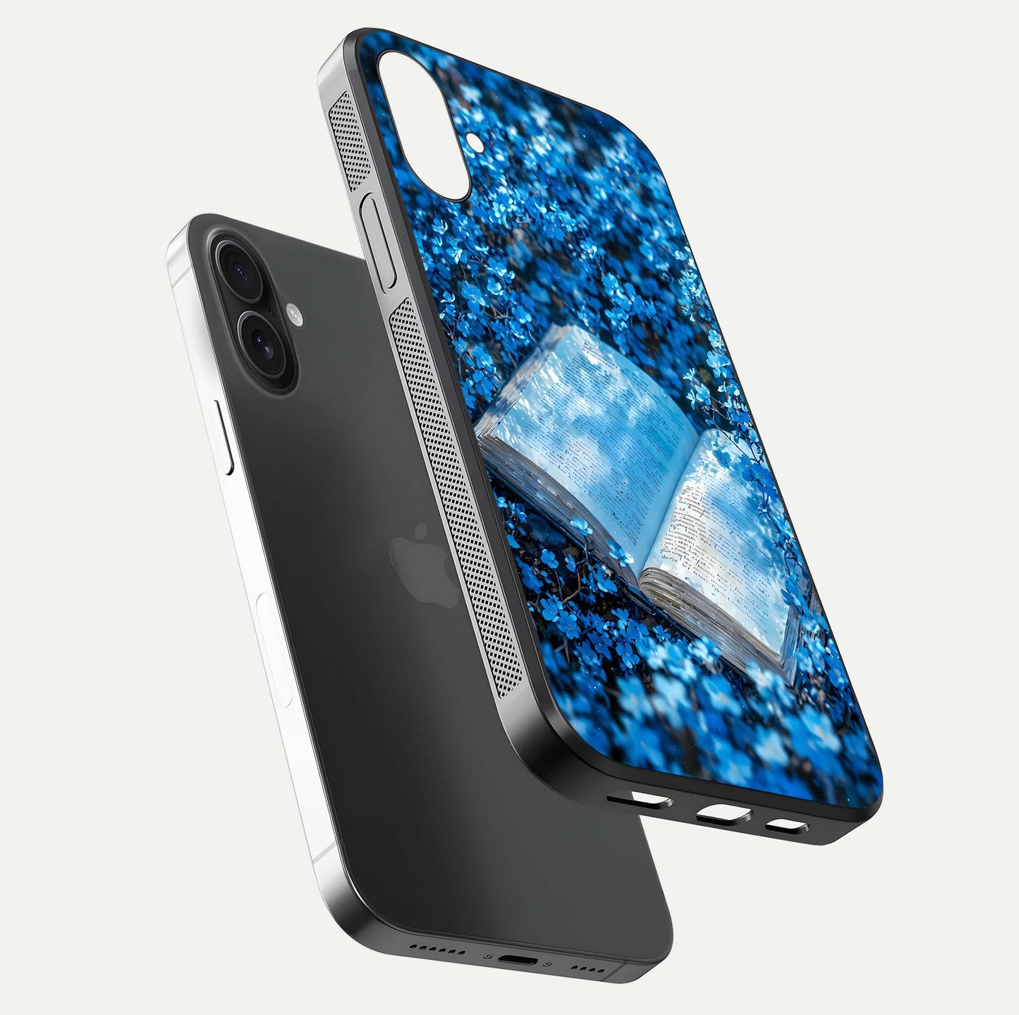 Blue Bloom Tales Glass Case for iPhone 16 floating mockup showing detailed bloom and reflective surface