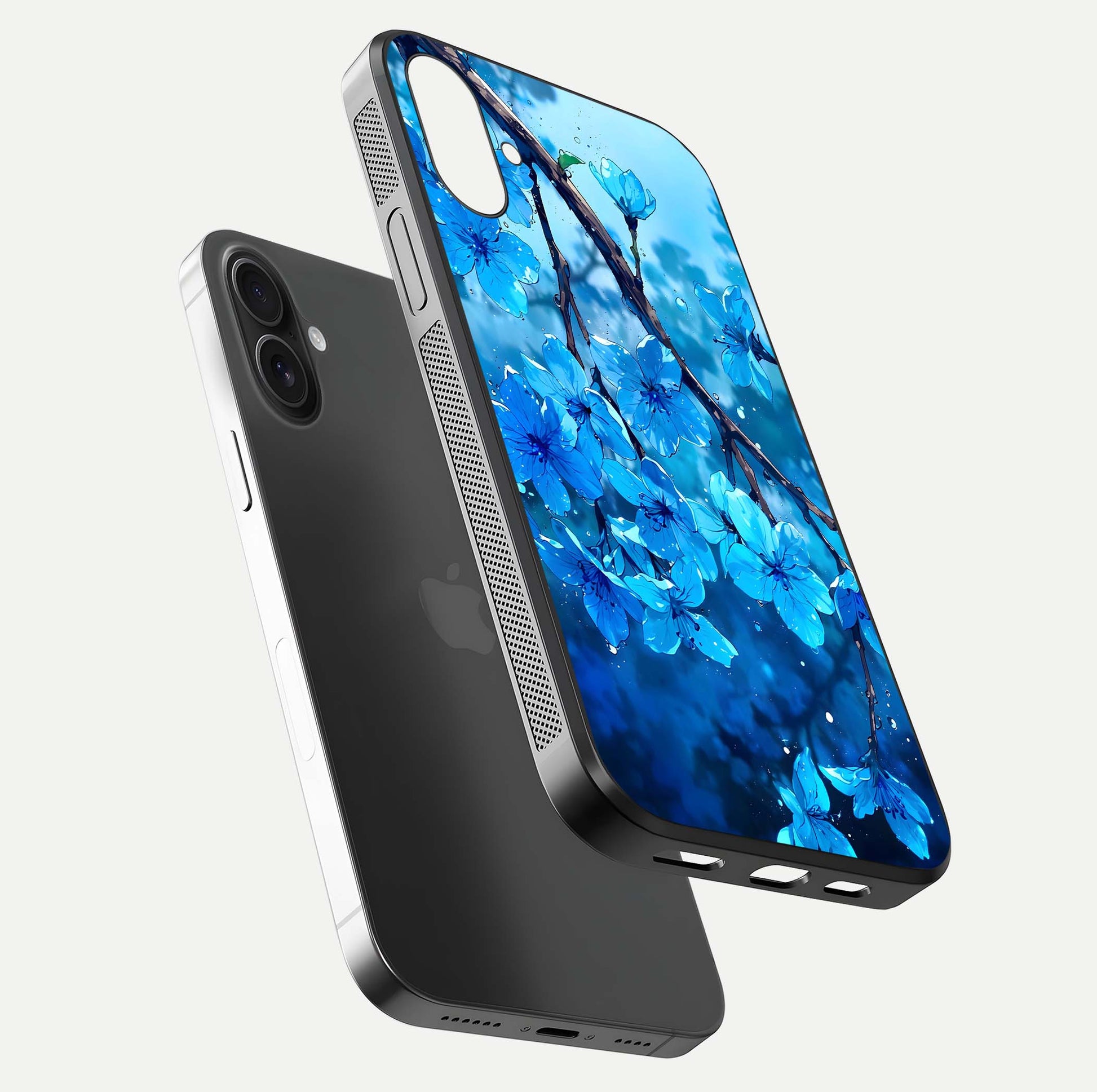 Blue Blossoms Branch Glass Case for iPhone 16 floating mockup showing shine, curved edges, and branch detailing