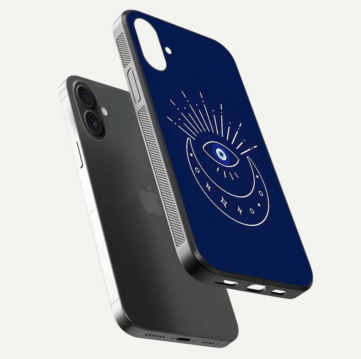 Blue Evil Eye Glass Case for iPhone 16 floating mockup displaying glossy protection and spiritual artwork
