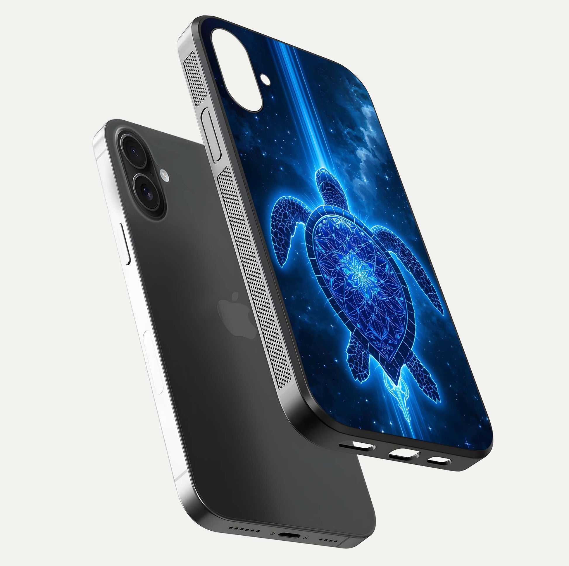 Blue Galaxy Turtle Glass Case for iPhone 16 floating dual-mockup showing gloss depth and color transitions