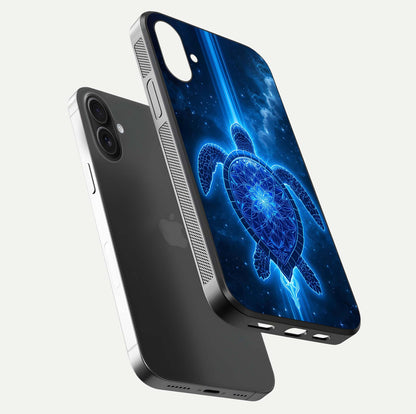 Blue Galaxy Turtle Glass Case for iPhone 16 floating dual-mockup showing gloss depth and color transitions