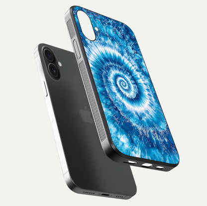 Blue Galaxy Wave Glass Case for iPhone 16 floating mockup revealing cosmic depth and curved-edge texture
