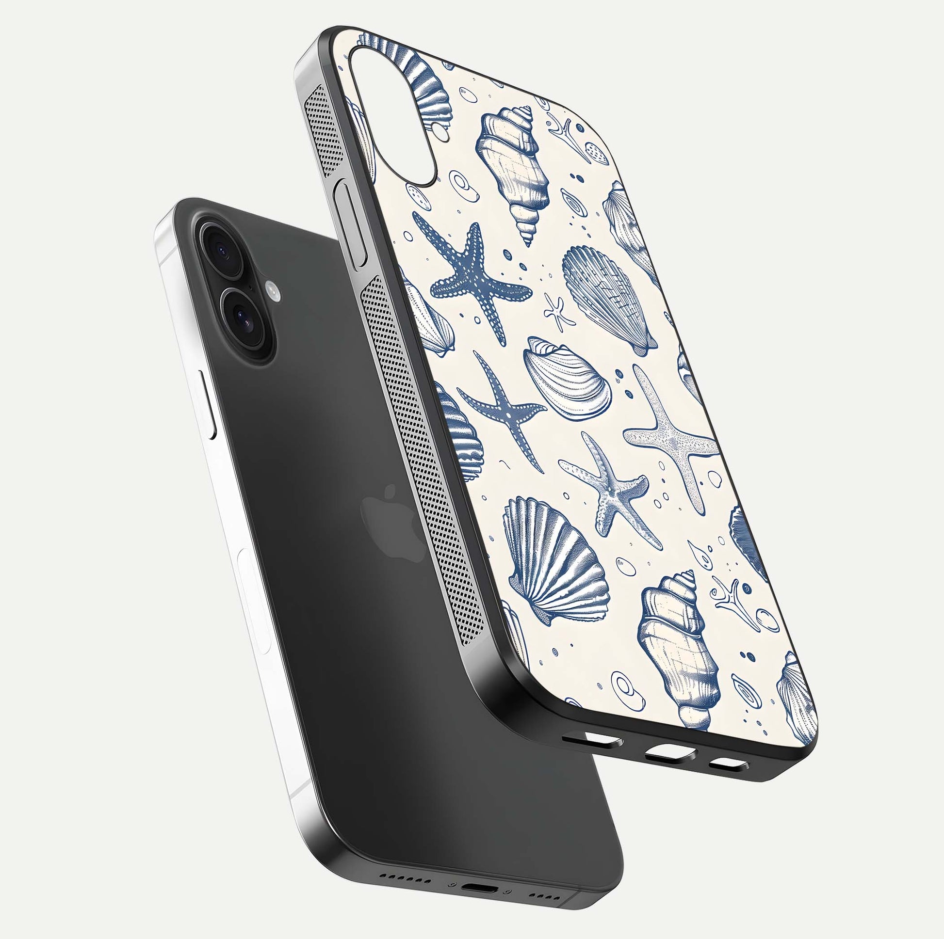 Blue Ocean Outline Glass Case for iPhone 16 floating mockup displaying marine-inspired aesthetic and smooth surface