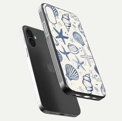 Blue Ocean Outline Glass Case for iPhone 16 floating mockup displaying marine-inspired aesthetic and smooth surface