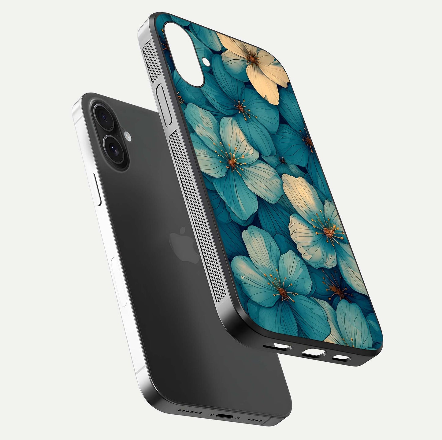 Blue Shade Floral Glass Case for iPhone 16 floating mockup revealing gloss highlight and floral depth
