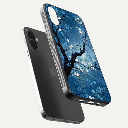 Blue Tree Serenity Glass Case for iPhone 16 floating mockup displaying serene tones and HD glass polish