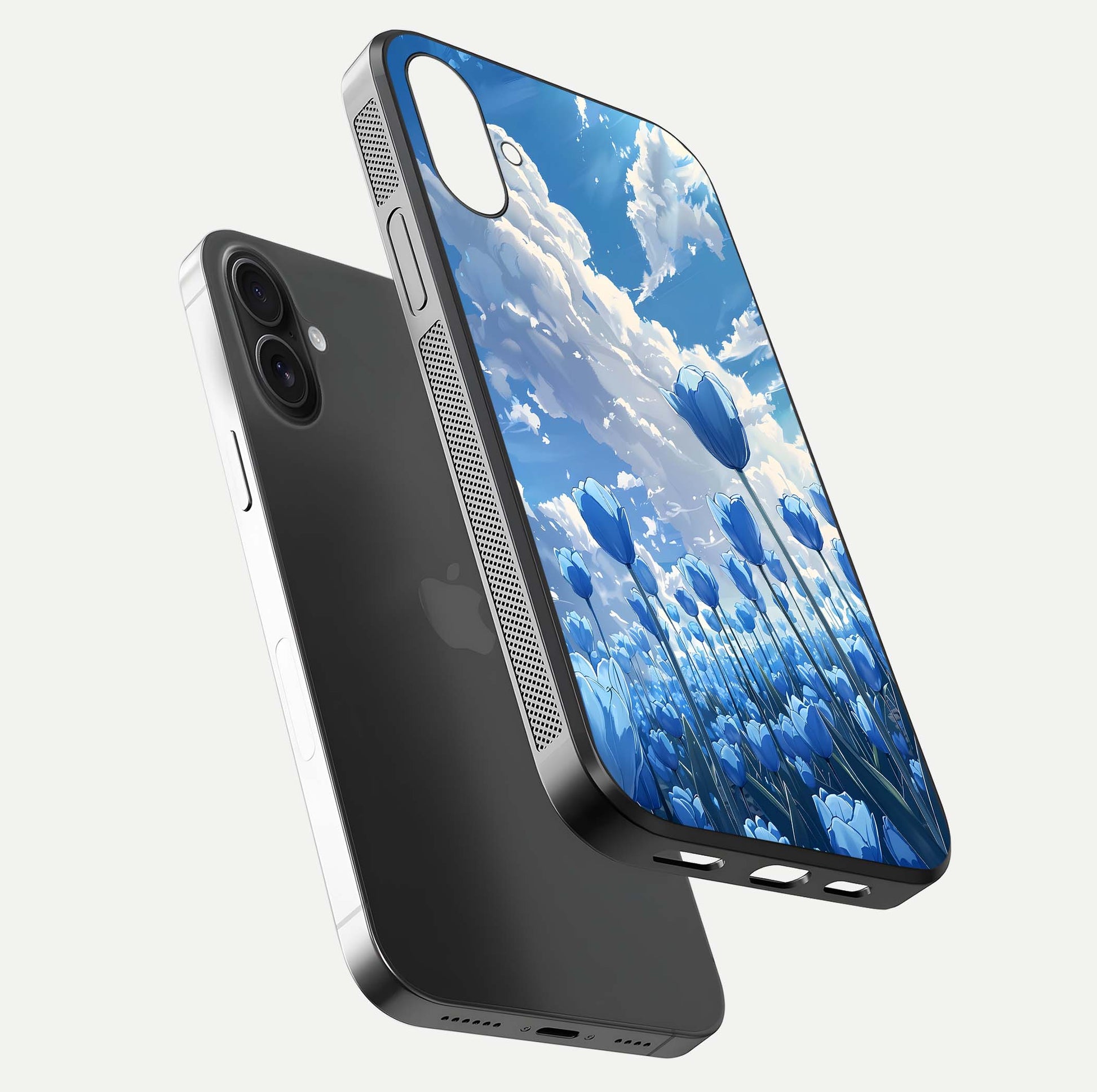 Blue Tulip Clouds Glass Case for iPhone 16 floating mockup displaying tulip-cloud fusion art and smooth glass gloss