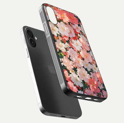 Blush Bloom Field Glass Case for iPhone 16 floating mockup highlighting floral spread and edge reflection