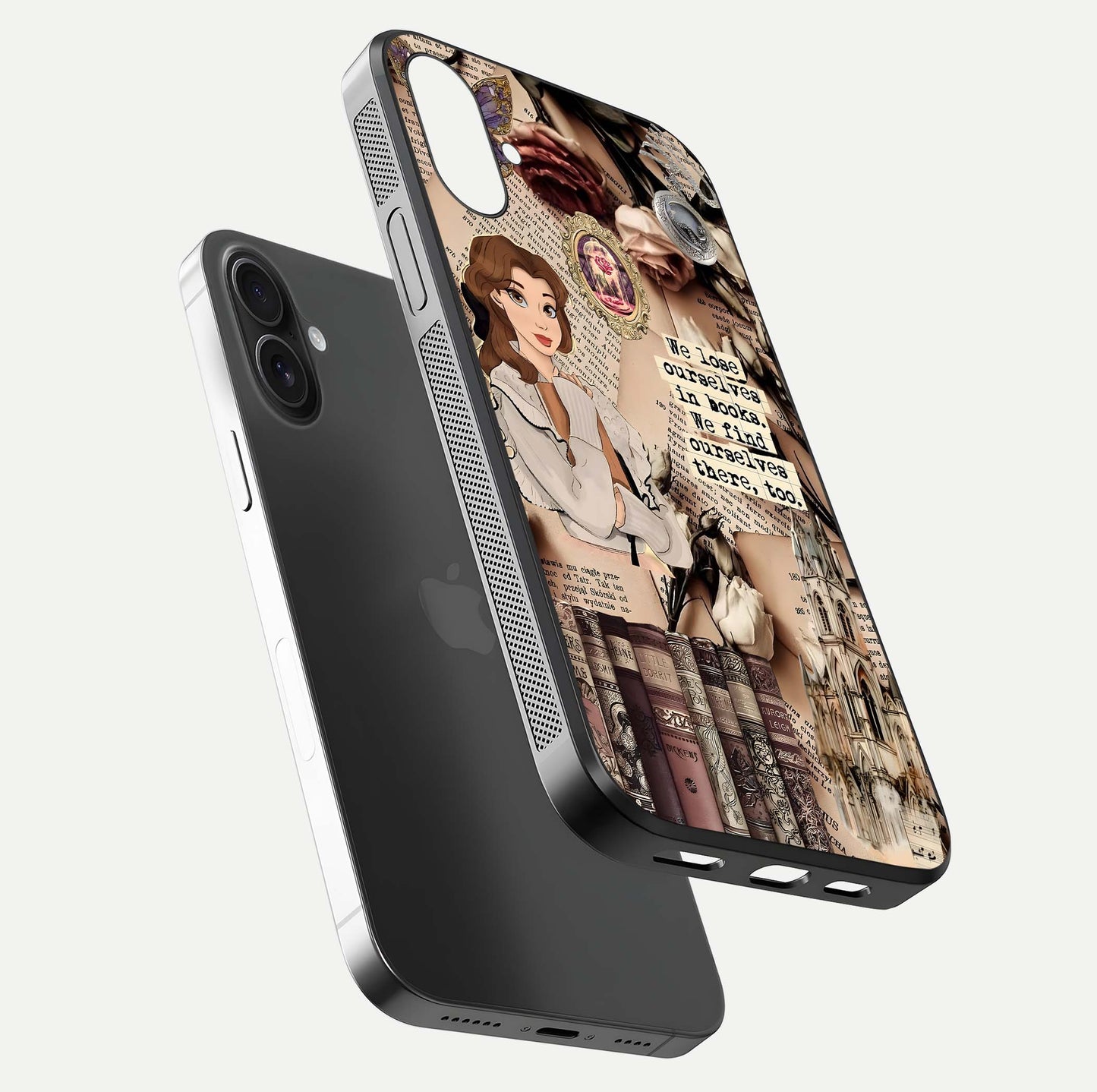 Bookish Dream World Glass Case for iPhone 16 floating mockup capturing gloss shine and artistic balance