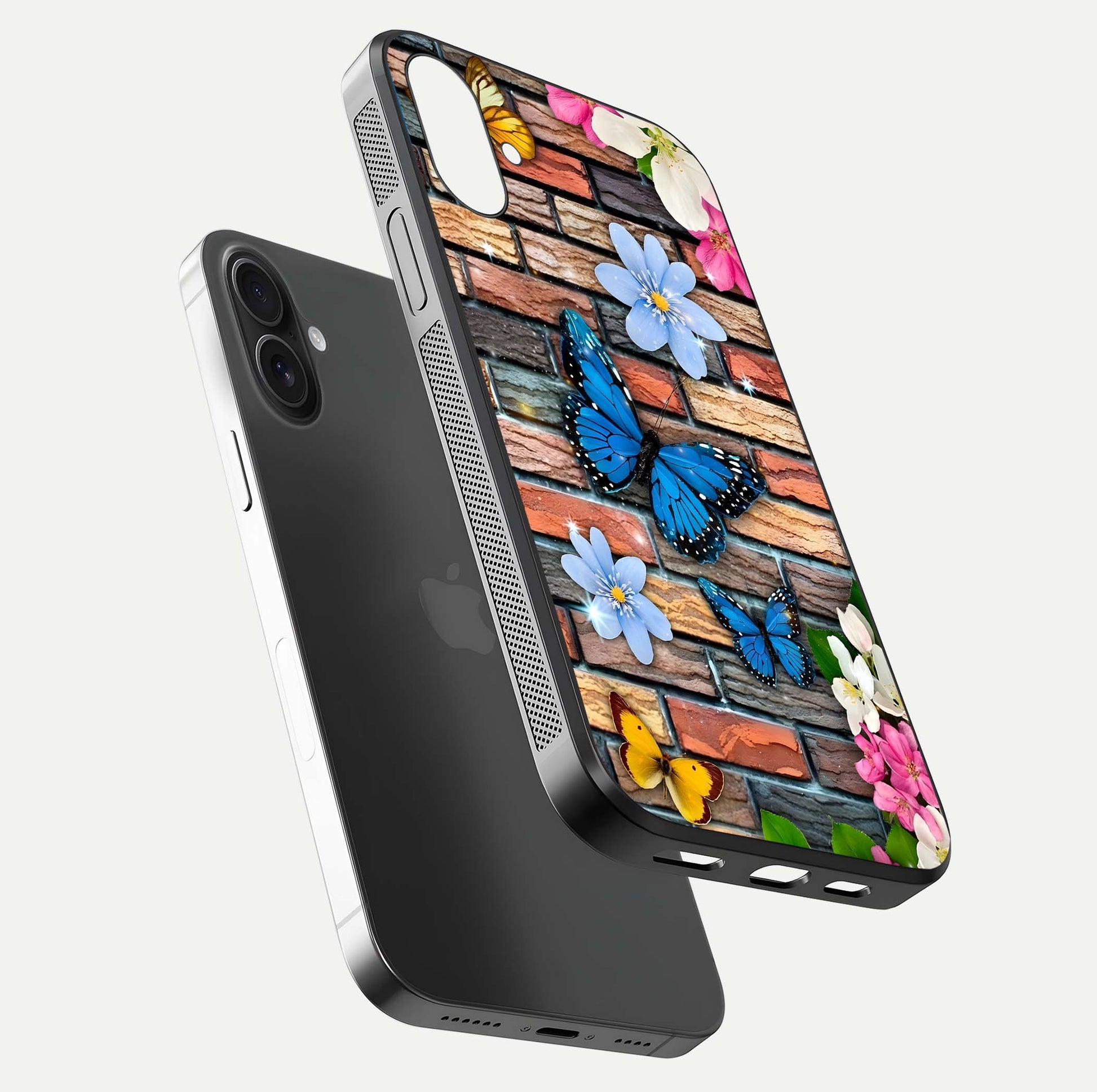 Brick Bloom Flight Glass Case for iPhone 16 floating mockup displaying gloss reflection and pattern vibrancy