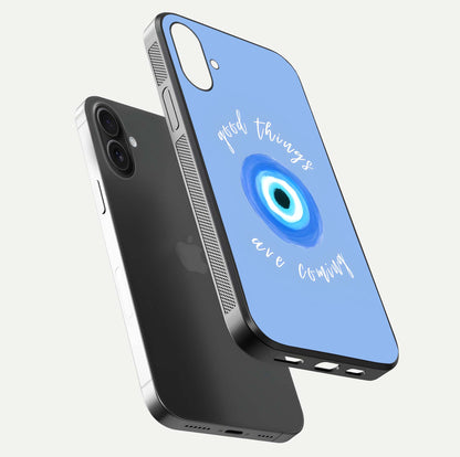 Bright Future Ahead Glass Case for iPhone 16 floating mockup showing sleek design and positive quote print