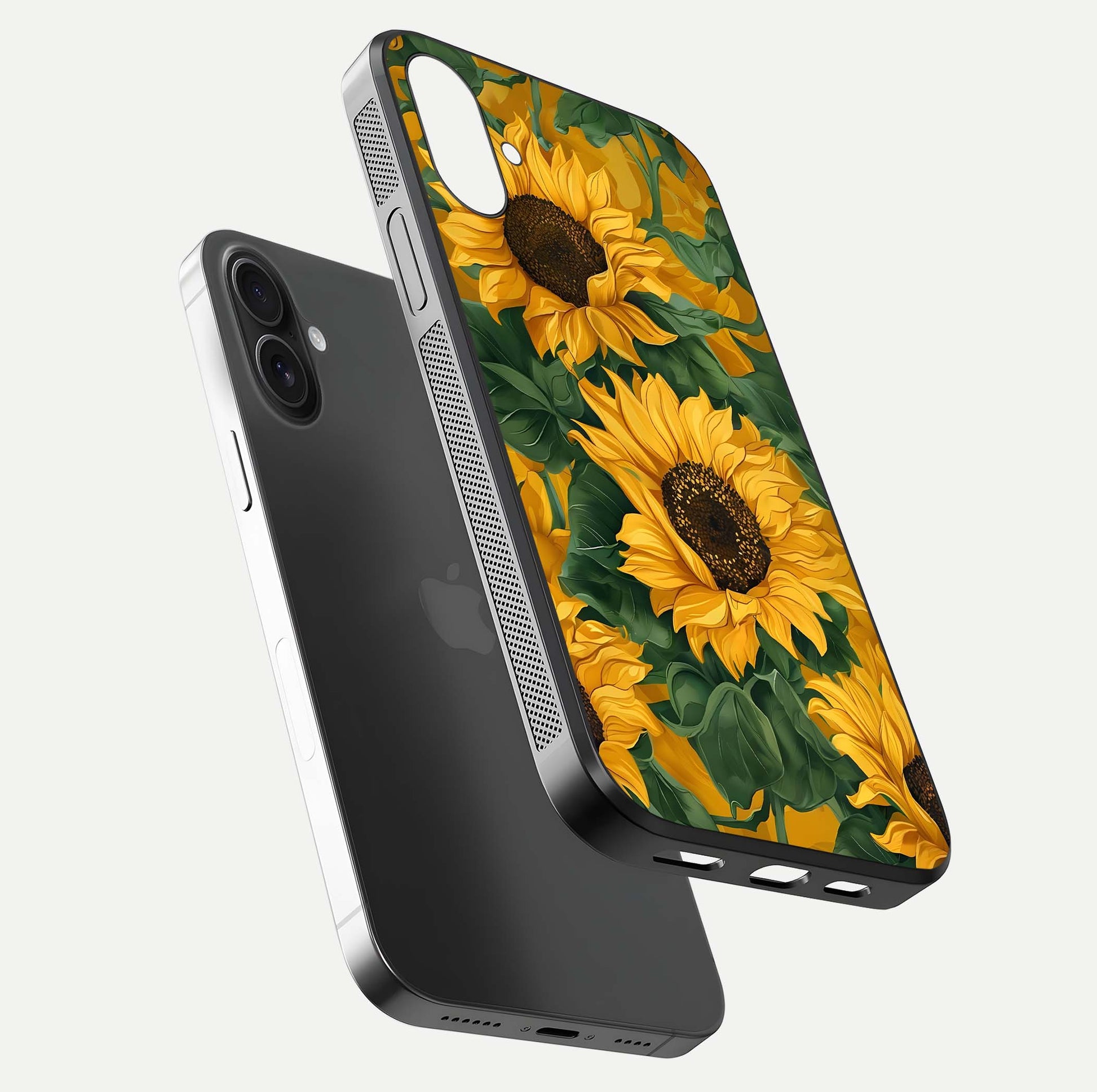 Bright Sunflower Bloom Glass Case for iPhone 16 floating mockup capturing vibrant tones and gloss surface