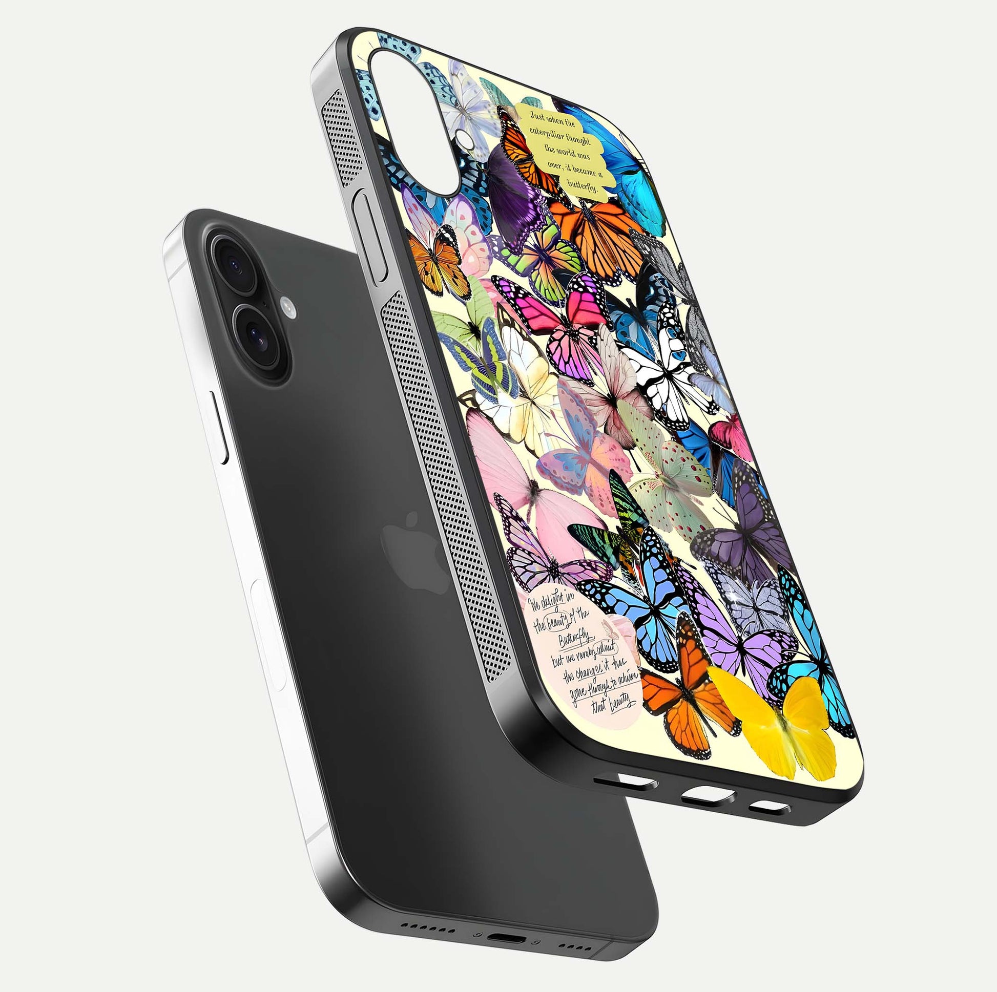 Butterflies Petal Dream Glass Case for iPhone 16 floating mockup displaying detailed print and premium glass glow