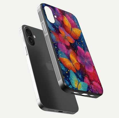 Butterfly Dream Mist Glass Case for iPhone 16 floating mockup displaying glass shine and ethereal art depth
